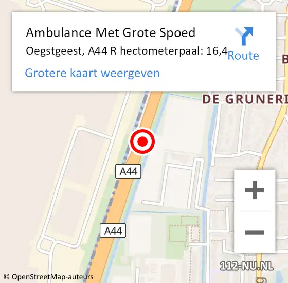 Locatie op kaart van de 112 melding: Ambulance Met Grote Spoed Naar Oegstgeest, A44 L hectometerpaal: 16,3 op 8 december 2017 09:15