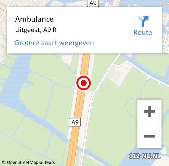 Locatie op kaart van de 112 melding: Ambulance Uitgeest, A9 R op 8 december 2017 20:16