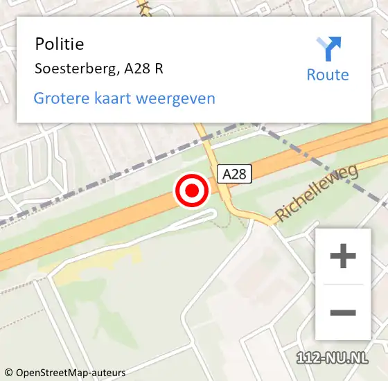 Locatie op kaart van de 112 melding: Politie Soesterberg, A28 R hectometerpaal: 12,0 op 8 december 2017 23:53