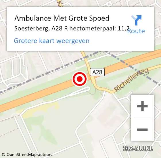 Locatie op kaart van de 112 melding: Ambulance Met Grote Spoed Naar Soesterberg, A28 R hectometerpaal: 12,0 op 8 december 2017 23:55