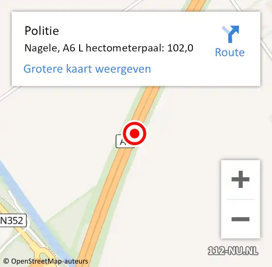 Locatie op kaart van de 112 melding: Politie Nagele, A6 L hectometerpaal: 102,0 op 9 december 2017 09:14