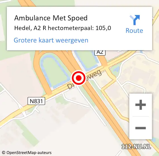 Locatie op kaart van de 112 melding: Ambulance Met Spoed Naar Hedel, A2 R hectometerpaal: 105,0 op 9 december 2017 15:46