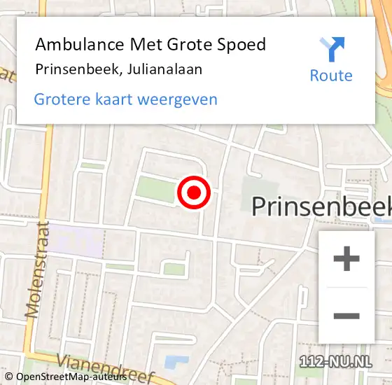 Locatie op kaart van de 112 melding: Ambulance Met Grote Spoed Naar Prinsenbeek, Julianalaan op 10 december 2017 02:12