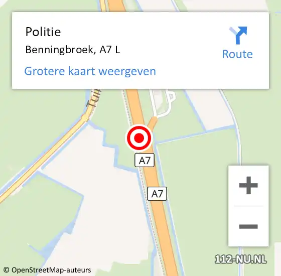 Locatie op kaart van de 112 melding: Politie Benningbroek, A7 L op 10 december 2017 14:22
