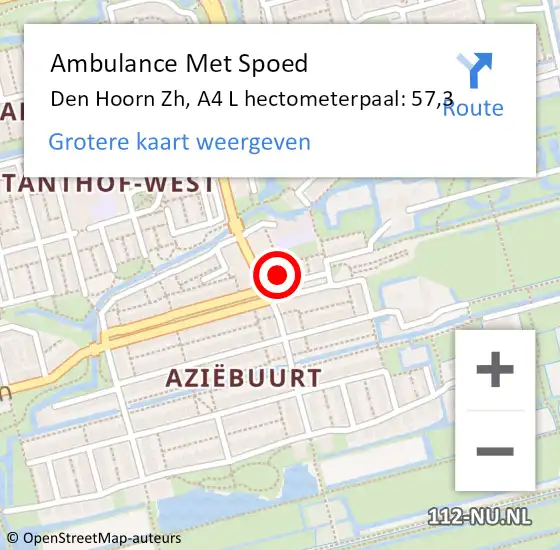 Locatie op kaart van de 112 melding: Ambulance Met Spoed Naar Den Hoorn Zh, A4 L hectometerpaal: 57,3 op 10 december 2017 18:43