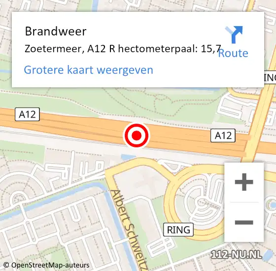 Locatie op kaart van de 112 melding: Brandweer Zoetermeer, A12 R hectometerpaal: 15,7 op 11 december 2017 17:39