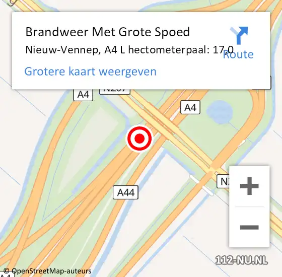 Locatie op kaart van de 112 melding: Brandweer Met Grote Spoed Naar Nieuw-Vennep, A4 L hectometerpaal: 17,0 op 11 december 2017 20:12