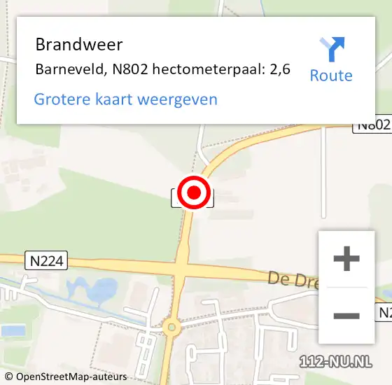 Locatie op kaart van de 112 melding: Brandweer Barneveld, N802 hectometerpaal: 2,6 op 11 december 2017 21:35