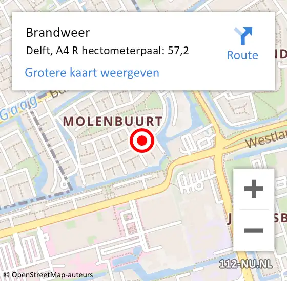 Locatie op kaart van de 112 melding: Brandweer Delft, A4 R hectometerpaal: 57,2 op 12 december 2017 19:12
