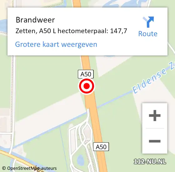 Locatie op kaart van de 112 melding: Brandweer Zetten, A50 L hectometerpaal: 147,7 op 13 december 2017 07:25