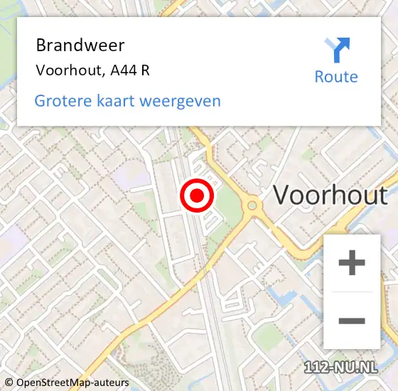 Locatie op kaart van de 112 melding: Brandweer Voorhout, A44 R op 13 december 2017 07:49