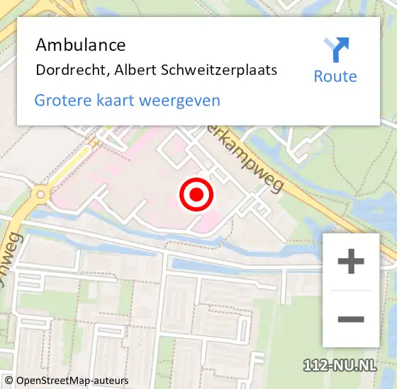Locatie op kaart van de 112 melding: Ambulance Dordrecht, Albert Schweitzerplaats op 13 december 2017 10:07