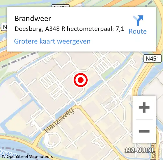 Locatie op kaart van de 112 melding: Brandweer Doesburg, A348 R hectometerpaal: 7,1 op 13 december 2017 12:51