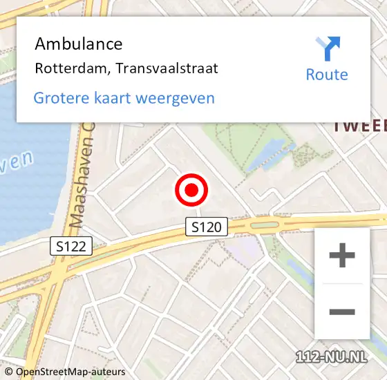 Locatie op kaart van de 112 melding: Ambulance Rotterdam, Transvaalstraat op 13 december 2017 13:27