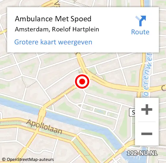 Locatie op kaart van de 112 melding: Ambulance Met Spoed Naar Amsterdam, Roelof Hartplein op 13 december 2017 14:38