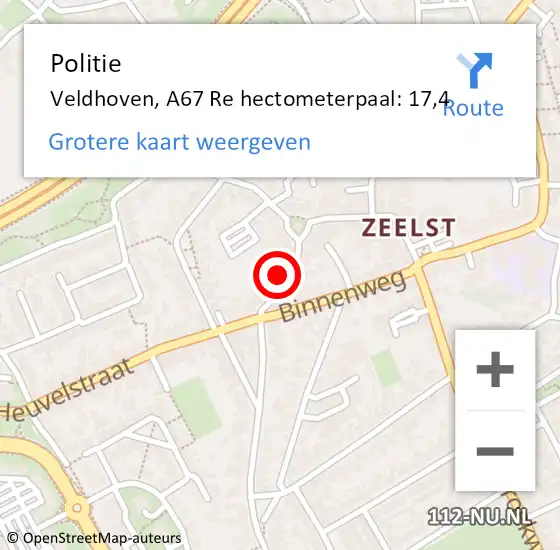 Locatie op kaart van de 112 melding: Politie Veldhoven, A67 Re hectometerpaal: 15,9 op 13 december 2017 18:16