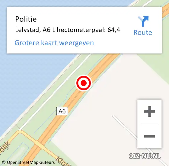 Locatie op kaart van de 112 melding: Politie Lelystad, A6 L hectometerpaal: 64,4 op 13 december 2017 22:43