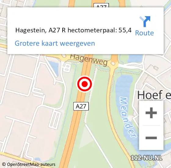 Locatie op kaart van de 112 melding:  Hagestein, A27 R hectometerpaal: 55,4 op 15 december 2017 10:35