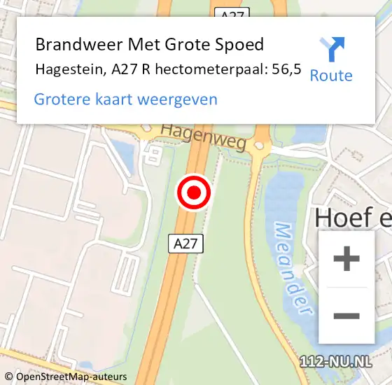 Locatie op kaart van de 112 melding: Brandweer Met Grote Spoed Naar Hagestein, A27 R hectometerpaal: 55,4 op 15 december 2017 10:44