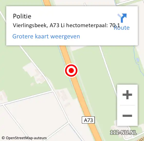 Locatie op kaart van de 112 melding: Politie Vierlingsbeek, A73 op 15 december 2017 17:58