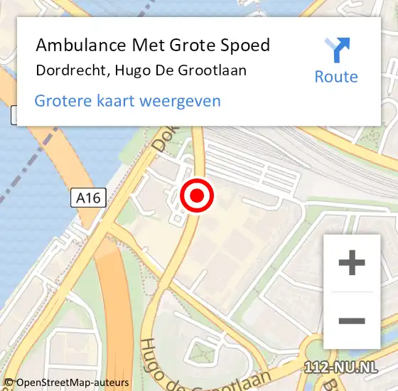 Locatie op kaart van de 112 melding: Ambulance Met Grote Spoed Naar Dordrecht, Hugo de Grootlaan op 16 december 2017 00:17
