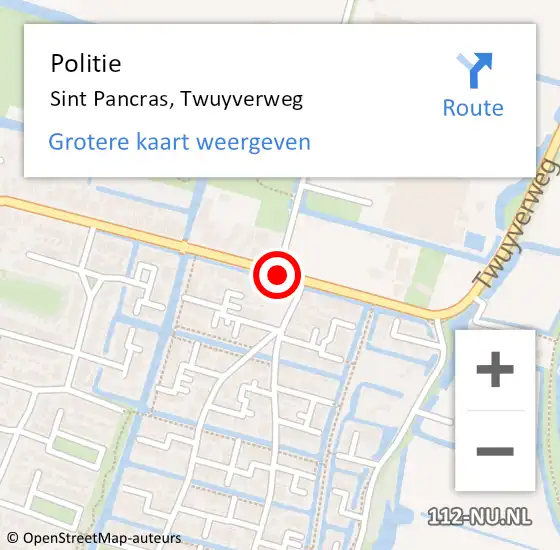 Locatie op kaart van de 112 melding: Politie Sint Pancras, Twuyverweg op 20 december 2017 13:08
