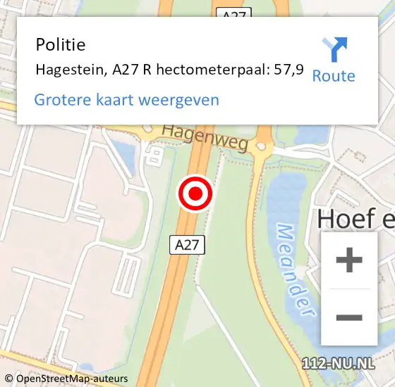 Locatie op kaart van de 112 melding: Politie Hagestein, A27 R hectometerpaal: 57,6 op 20 december 2017 22:37