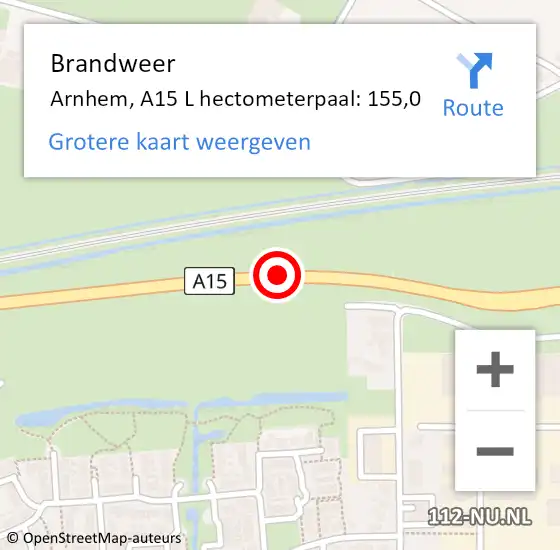 Locatie op kaart van de 112 melding: Brandweer Arnhem, A15 L hectometerpaal: 155,0 op 21 december 2017 09:16