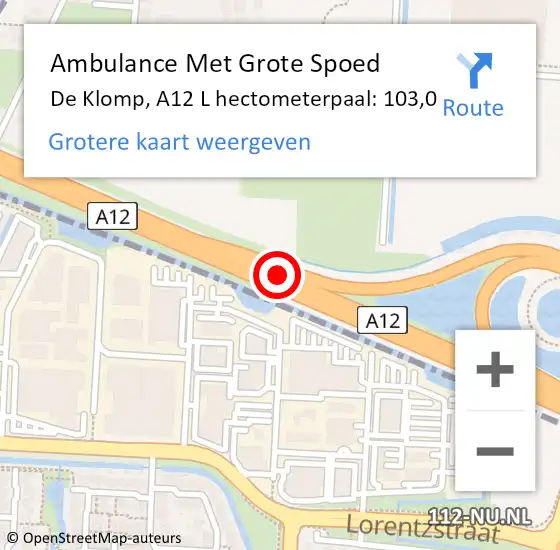 Locatie op kaart van de 112 melding: Ambulance Met Grote Spoed Naar De Klomp, A12 L hectometerpaal: 103,0 op 22 december 2017 06:10