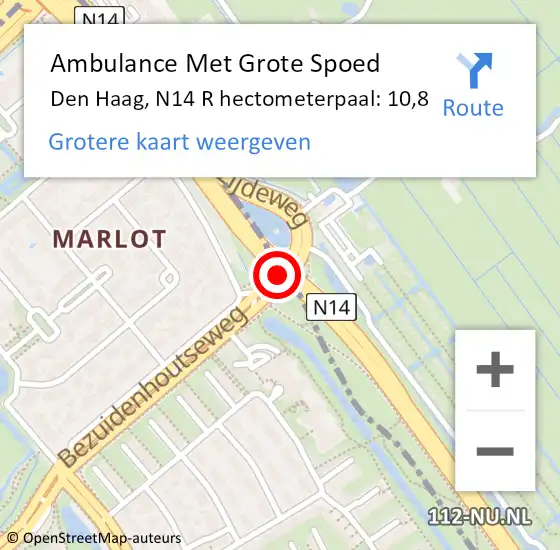 Locatie op kaart van de 112 melding: Ambulance Met Grote Spoed Naar Den Haag, N14 R hectometerpaal: 10,8 op 22 december 2017 06:28