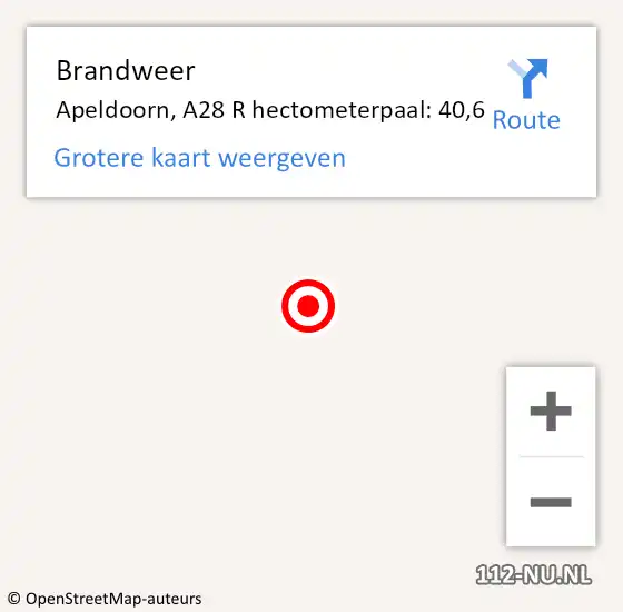 Locatie op kaart van de 112 melding: Brandweer Apeldoorn, A28 R hectometerpaal: 40,6 op 10 februari 2014 17:27