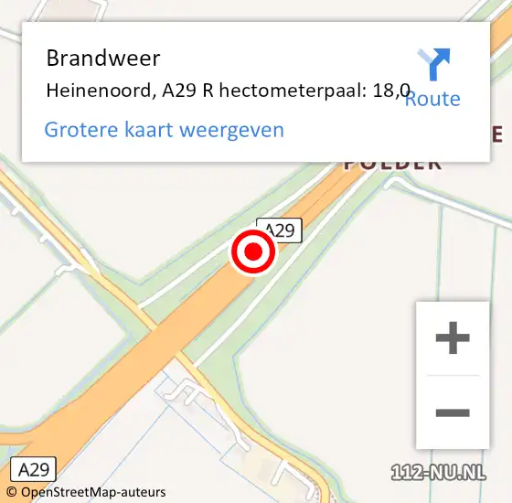 Locatie op kaart van de 112 melding: Brandweer Heinenoord, A29 R hectometerpaal: 18,0 op 23 december 2017 17:03