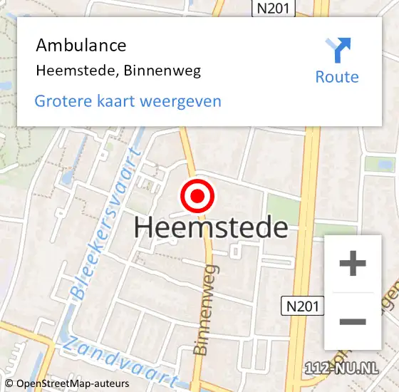 Locatie op kaart van de 112 melding: Ambulance Heemstede, Binnenweg op 25 december 2017 02:14
