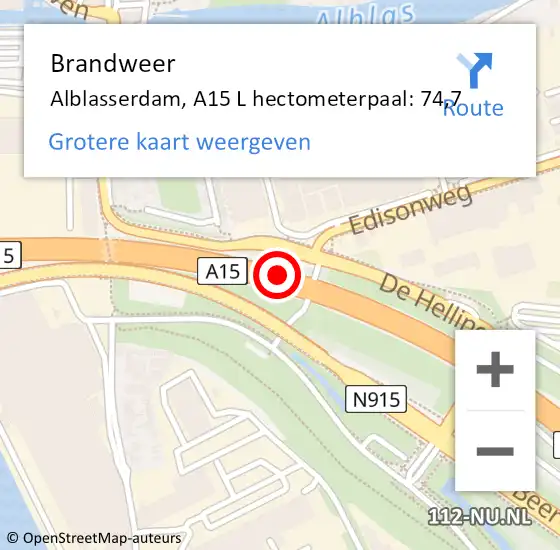 Locatie op kaart van de 112 melding: Brandweer Alblasserdam, A15 L hectometerpaal: 74,7 op 29 december 2017 09:16
