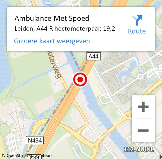 Locatie op kaart van de 112 melding: Ambulance Met Spoed Naar Leiden, A44 R hectometerpaal: 19,2 op 31 december 2017 04:54