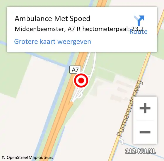 Locatie op kaart van de 112 melding: Ambulance Met Spoed Naar Middenbeemster, A7 R hectometerpaal: 23,2 op 1 januari 2018 02:47