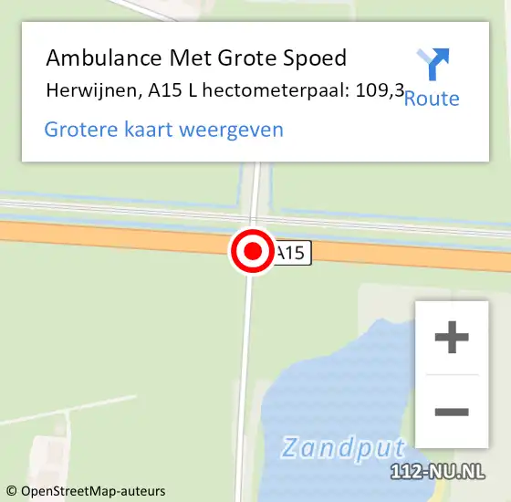 Locatie op kaart van de 112 melding: Ambulance Met Grote Spoed Naar Herwijnen, A15 L hectometerpaal: 106,5 op 1 januari 2018 14:40