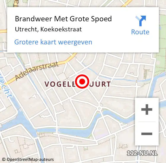 Locatie op kaart van de 112 melding: Brandweer Met Grote Spoed Naar Utrecht, Koekoekstraat op 1 januari 2018 18:44