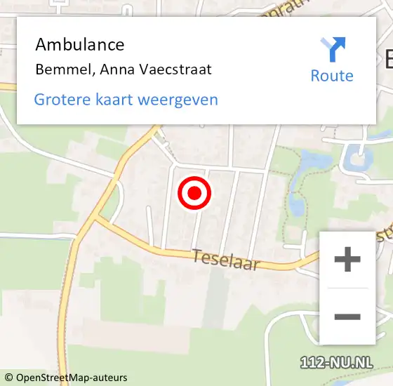 Locatie op kaart van de 112 melding: Ambulance Bemmel, Anna Vaecstraat op 4 januari 2018 12:41