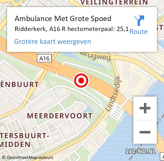 Locatie op kaart van de 112 melding: Ambulance Met Grote Spoed Naar Ridderkerk, A16 R hectometerpaal: 25,1 op 5 januari 2018 15:46