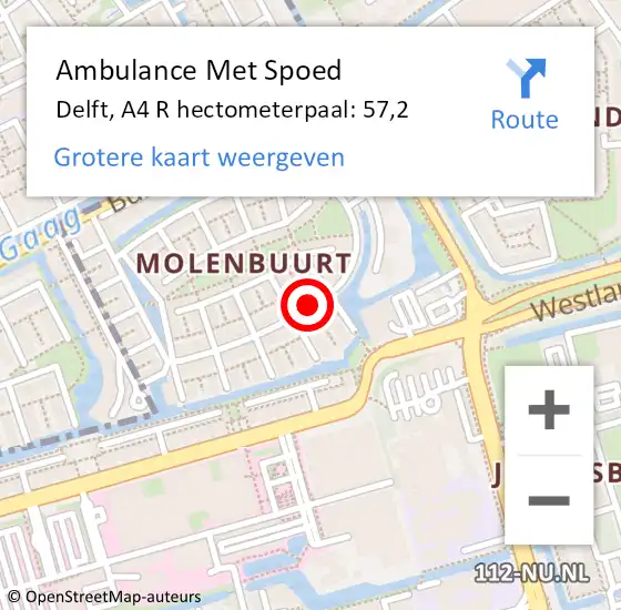 Locatie op kaart van de 112 melding: Ambulance Met Spoed Naar Delft, A4 R hectometerpaal: 57,2 op 5 januari 2018 17:34