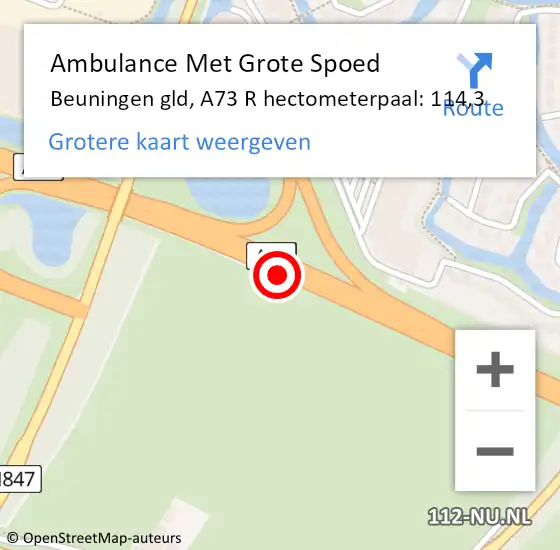 Locatie op kaart van de 112 melding: Ambulance Met Grote Spoed Naar Beuningen gld, A73 R hectometerpaal: 110,8 op 8 januari 2018 11:13