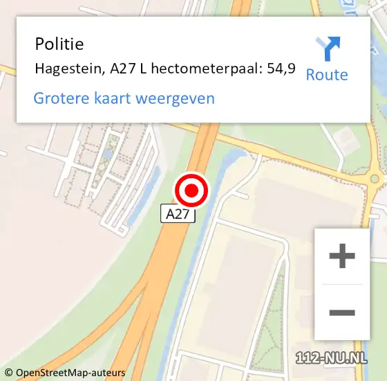 Locatie op kaart van de 112 melding: Politie Hagestein, A27 R hectometerpaal: 54,9 op 8 januari 2018 14:05