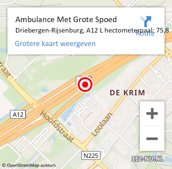 Locatie op kaart van de 112 melding: Ambulance Met Grote Spoed Naar Driebergen-Rijsenburg, A12 L hectometerpaal: 75,8 op 8 januari 2018 16:22