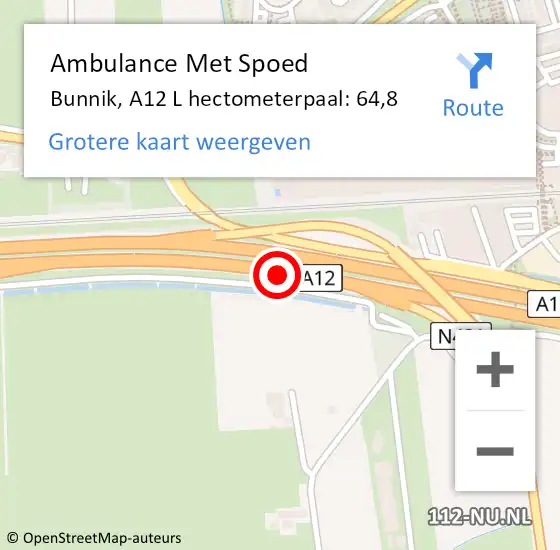 Locatie op kaart van de 112 melding: Ambulance Met Spoed Naar Bunnik, A12 L hectometerpaal: 64,8 op 10 januari 2018 08:16