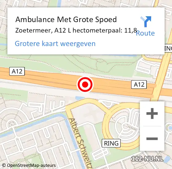 Locatie op kaart van de 112 melding: Ambulance Met Grote Spoed Naar Zoetermeer, A12 L hectometerpaal: 11,8 op 10 januari 2018 08:45