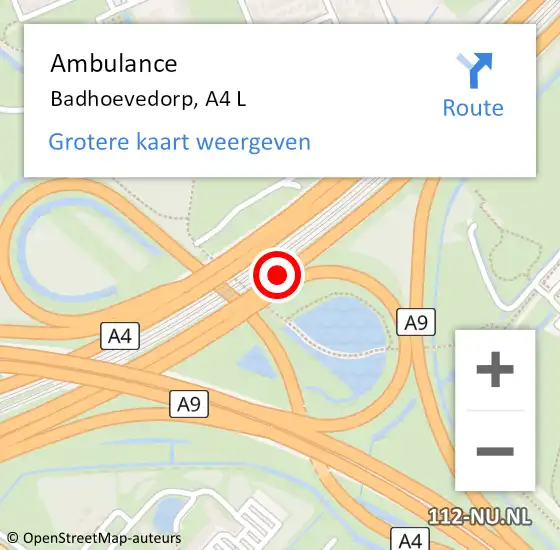 Locatie op kaart van de 112 melding: Ambulance Badhoevedorp, A4 L op 10 januari 2018 08:50
