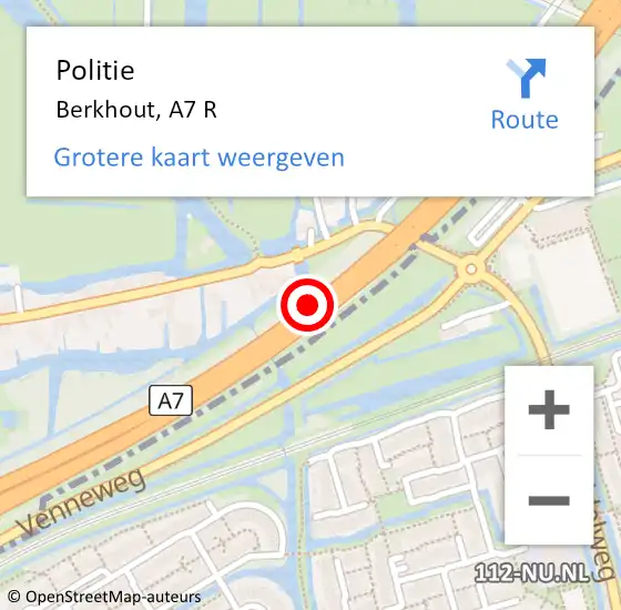 Locatie op kaart van de 112 melding: Politie Berkhout, A7 R op 10 januari 2018 17:43