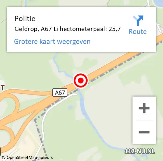 Locatie op kaart van de 112 melding: Politie Geldrop, A67 Li hectometerpaal: 31,2 op 10 januari 2018 18:39