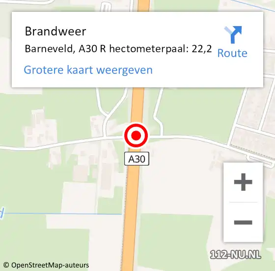 Locatie op kaart van de 112 melding: Brandweer Barneveld, A30 R hectometerpaal: 21,6 op 10 januari 2018 19:33